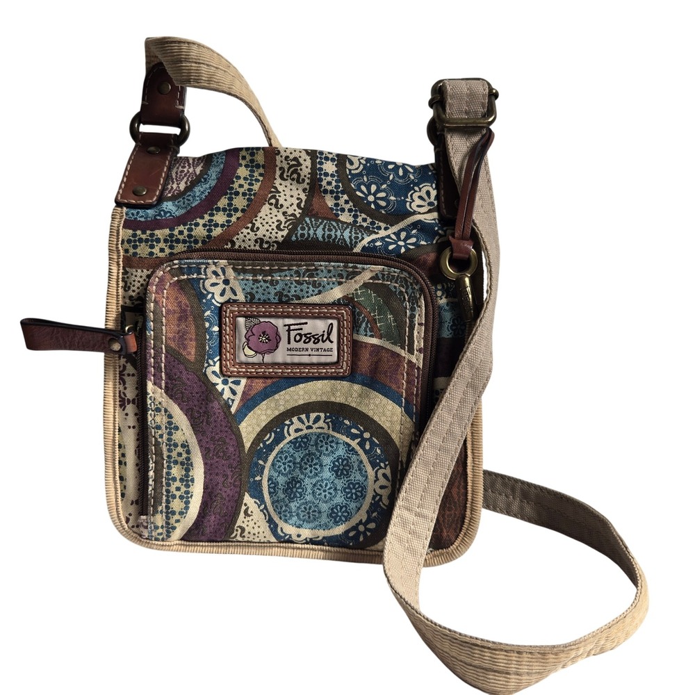 Fossil Small Crossbody Bag Womens Multicolor Canvas Boho Modern Vintage